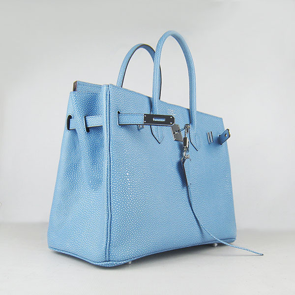 High Quality Fake Hermes Birkin 35CM Pearl Veins Leather Bag Light Blue 6089